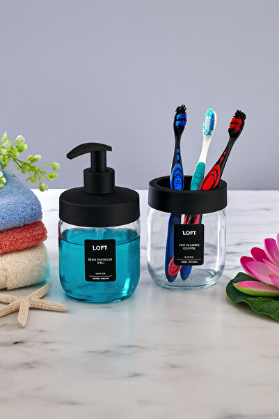 Alper Banyo Black Modern Stylish Glass Bathroom Accessory Set |   Toothbrush Holder and Liquid Soap Dispenser Set