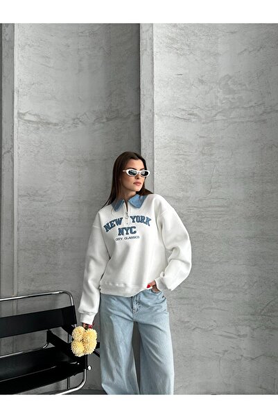 DUAS & CO KADIN DENİM YAKA OVERSİZE SWEATSHİRT