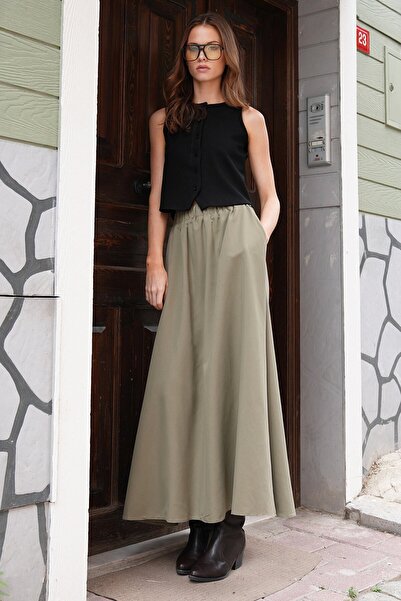 VAGGON Women's Khaki Elastic Waist Belt Detailed Double Pocket Midi Skirt Vs01210
