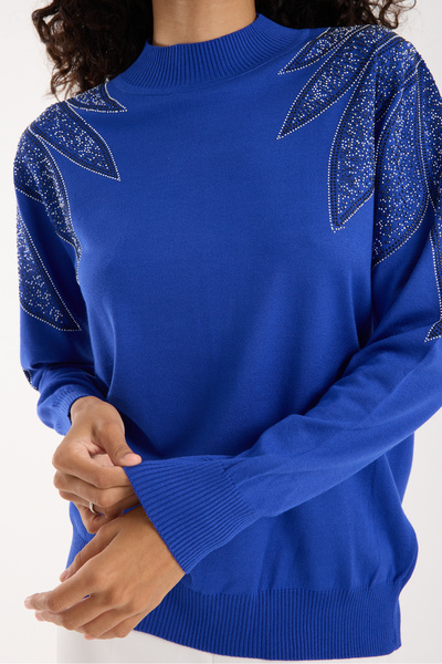 Clothes Fast Women's Saks Blue Viscose Fabric Stone Detailed Shoulder Half Turtleneck Knitwear Blouse