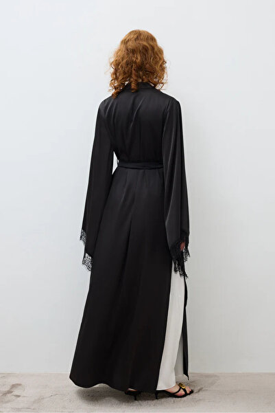 lousa Silky Satin Long Robe with Lace Sleeves