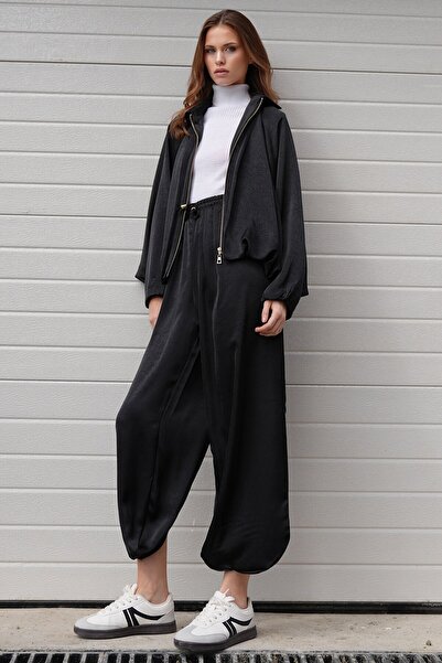 VAGGON Polo Collar Batwing Sleeve Zipper Closure Jacket and Elastic Waist Pants Casual Suit