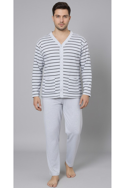 embody Men's cotton pyjamas, large size, long sleeves and trousers, striped, light grey 16114