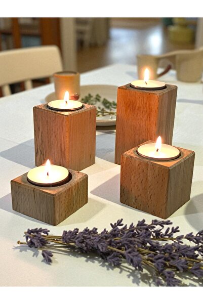 efholde Ahşap Doğal Dekoratif Mumluk 4'lü Kare Takım