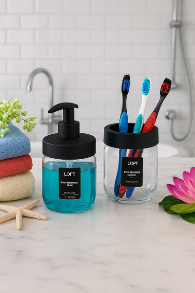 Alper Banyo Black Modern Stylish Glass Bathroom Accessory Set |   Toothbrush Holder and Liquid Soap Dispenser Set