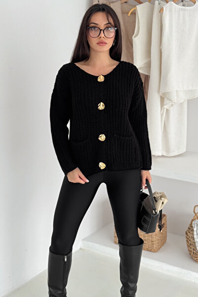 Noa Noa Women's Gold Button Textured Knit Cardigan – Elegant & Vintage Touch