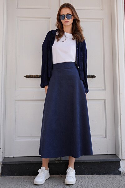 VAGGON Fusta midi cu croială largă, texturată, din piele intoarsa albastru bleumarin pentru femei Vs01214