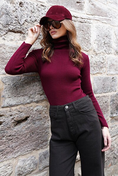 VAGGON Women's Burgundy Turtleneck Ribbed Long Sleeve Knit Sweater Vs01202