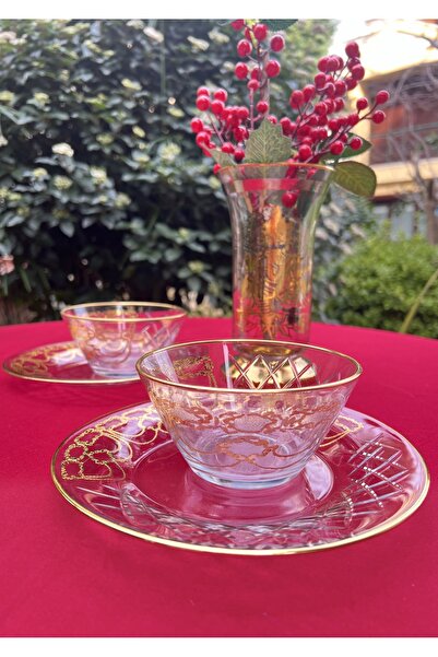 MAMALİZA 12 Parça 24 Ayar Altın Yaldızlı Cam Çerezlik ve Pasta tabağı Seti