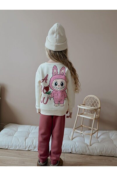 Patriko Girl's Labubu Printed New Season Fleece-Lined Cream & Burgundy Color Sweatshirt Bottom Top Tracksuit Set