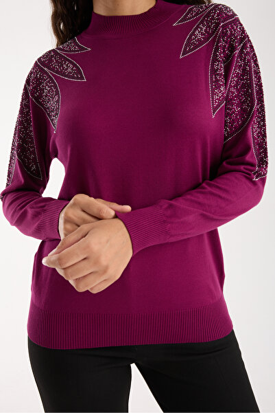 Clothes Fast Women's Plum Viscose Fabric Stone Detailed Shoulders Half Turtleneck Knitwear Blouse