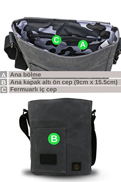 DARK COTTON 7059 Pretty Grey Genuine Leather Water Resistant Waxed Canvas Messenger Shoulder School Bag