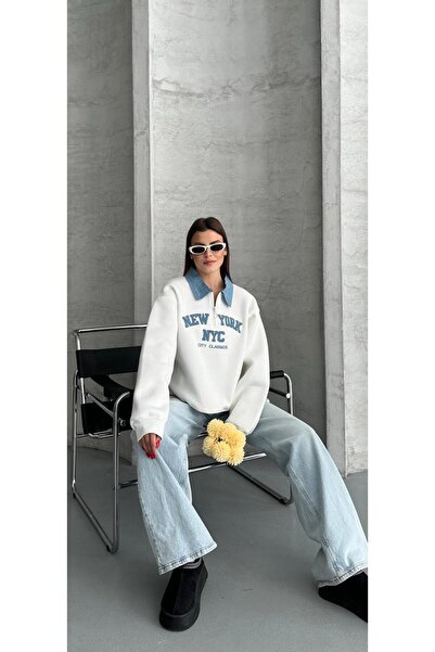 DUAS & CO KADIN DENİM YAKA OVERSİZE SWEATSHİRT