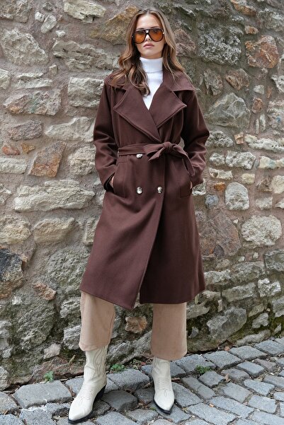 VAGGON Women's Brown Double Pocket Lined Double-Breasted Collar Long Cashmere Coat Vs01215