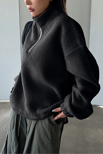 GHASSY CO. Kadın Ultra Isı Peluş Sherpa Oversize Yarım Metal Fermuar Lastik Ayarlı Polar Sweatshirt