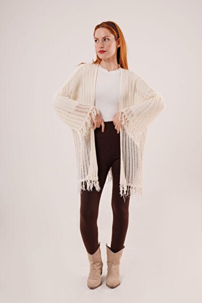Euro Class Tassel Detailed Perforated Model Cream Cardigan