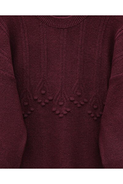 Modamorfo Round Neck Soft Knit Tunic with Stripe and Pom-Pom Detail - Burgundy
