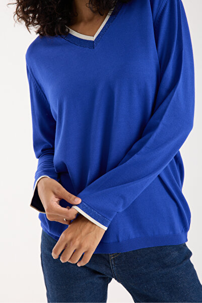 Clothes Fast Women's Saks Blue Elite Viscose Fabric Contrast Glitter Trim V-Neck Knitwear Blouse