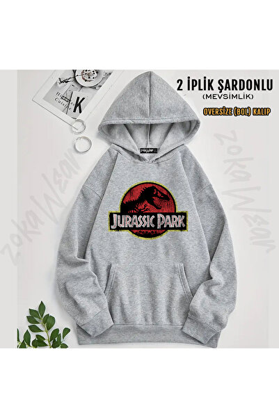 ZOKAWEAR سويت شيرت بقلنسوة مطبوع عليه شعار تيرانوصور ريكس من جوراسيك بارك (خي...