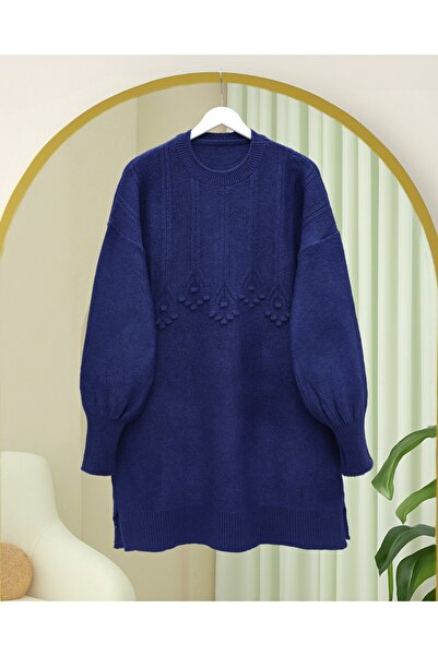 Modamorfo تونيك تريكو ناعم برقبة دائرية مع تفاصيل شريطية وكرات ملونة - أزرق داكن