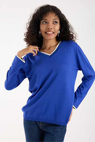 Clothes Fast Women's Saks Blue Elite Viscose Fabric Contrast Glitter Trim V-Neck Knitwear Blouse