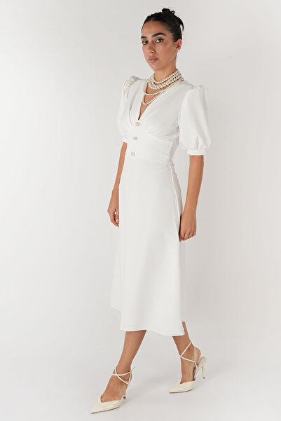 ZISHAN Beyaz V Yaka Puf Kol Midi Boy Kadın Elbisesi - Düğme Detaylı Şık Davet Elbisesi 153
