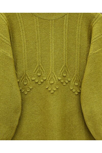 Modamorfo Round Neck Soft Knit Tunic with Ribbon and Pom-Pom Detail - Oil Green