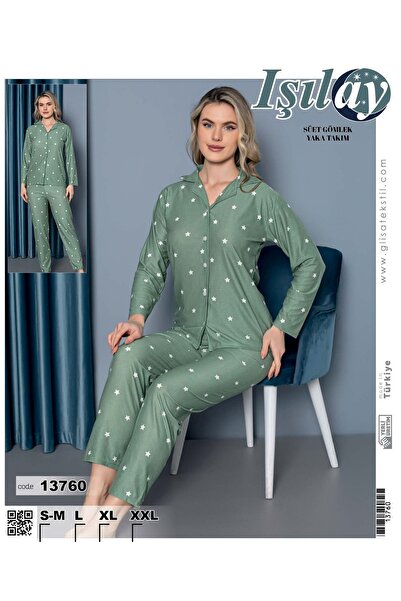 Işılay Gömlek Yaka Yeşil Pamuklu Süet Pijama Takımı