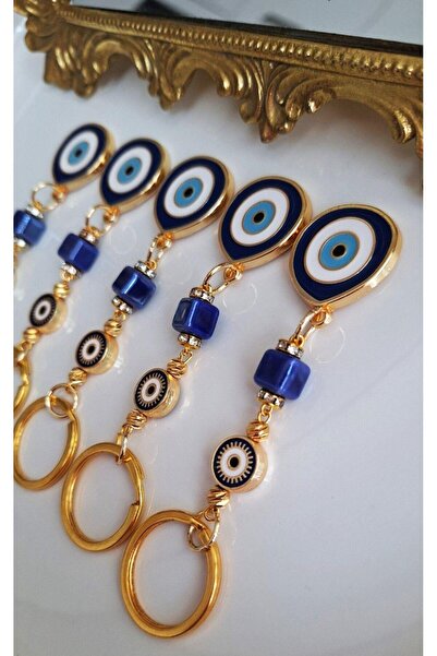 Svc Aksesuar New Year's Gift 5-Piece Luxury Gift Set with Zircon Stone Large Evil Eye Beaded Navy Blue Keychain 10.5 cm