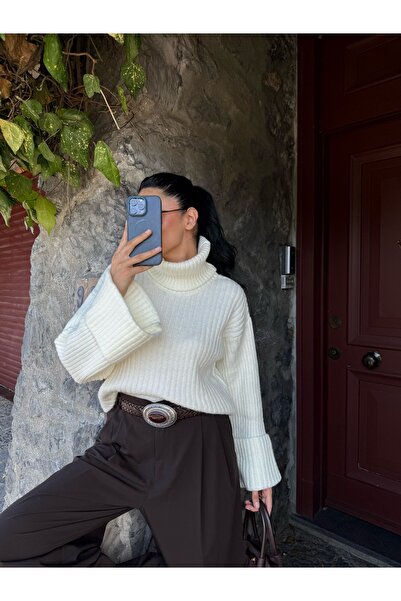 LB Laluna Butik Pulover alb de tricotat cu mâneci cu gât roșu pentru femei