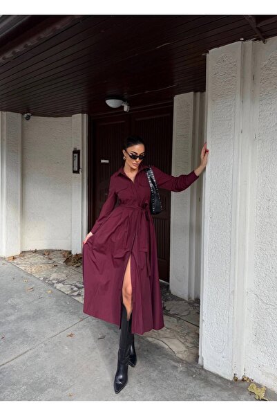 manana fashion Bordo Poplin Uzun Kuşaklı Gömlek Elbise