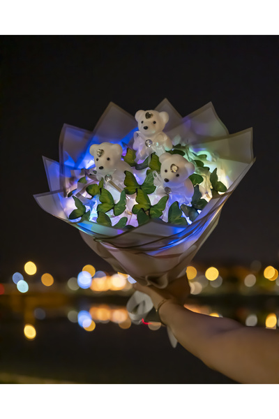 BYSHOPPİNG 3 Ayıcıklı Dekoratif Led Işıklı Kelebek Buketi Sevgiliye Özel Hedi...