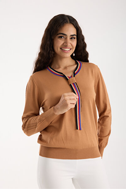 Moda Days Women's Beige Elite Viscose Fabric Contrast Stripe Crew Neck Knit B...