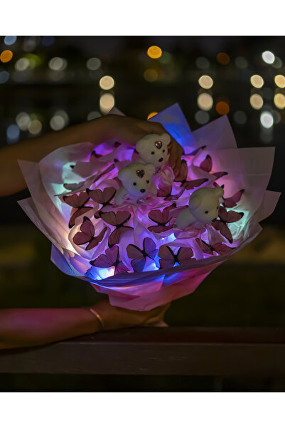 BYSHOPPİNG 3 Ayıcıklı Dekoratif Led Işıklı Kelebek Buketi Sevgiliye Özel Hedi...