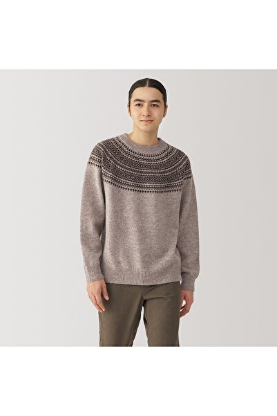 Muji Brushed Wool Jacquad Pattern Crew Neck Long Sleeves Sweater