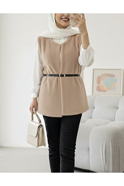 Modamorfo Beli Belted Double Pocket Lined Plush Vest - Beige