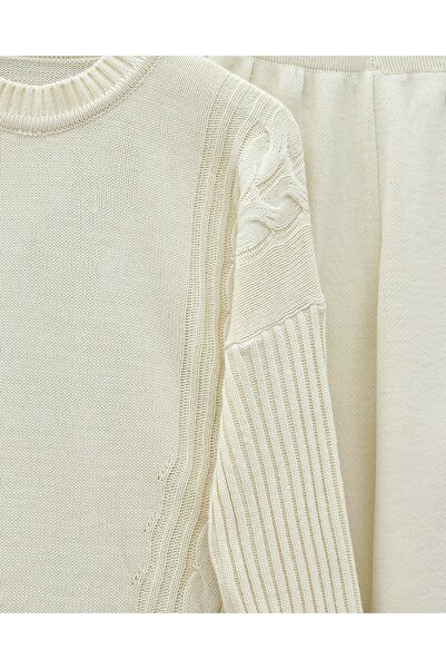 Modamorfo Knitted Patterned Long Back Knitwear Set - Ecru