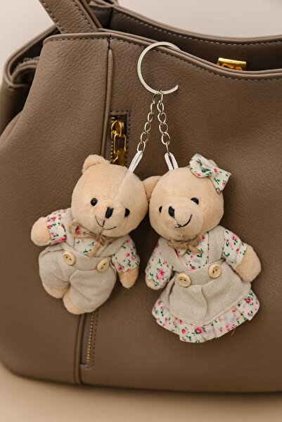 Şirin 2 li Çift Peluş Ayıcık Anahtarlık Seti – Çiçek Desenli Kız ve Tulumlu E...