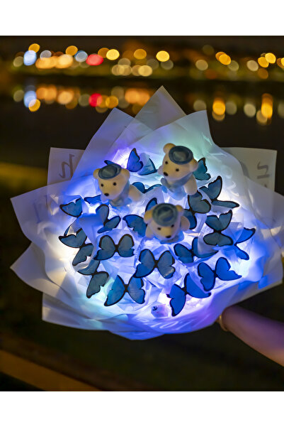 BYSHOPPİNG 3 Ayıcıklı Dekoratif Led Işıklı Kelebek Buketi Sevgiliye Özel Hedi...