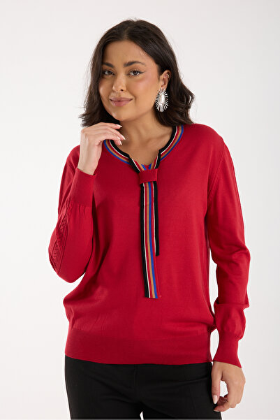 Moda Days Women's Red Elite Viscose Fabric Contrast Stripe Crew Neck Knitwear Blouse