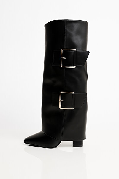 Giydim Gidiyor Bold Buckle Kalın Topuklu Çizme Siyah