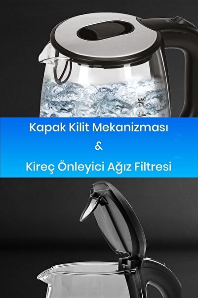 GOLDMASTER 2200 Watt İnox Paslanmaz Çelik 1.7 Litre Işıklı Cam Kettle Su Isıtıcı