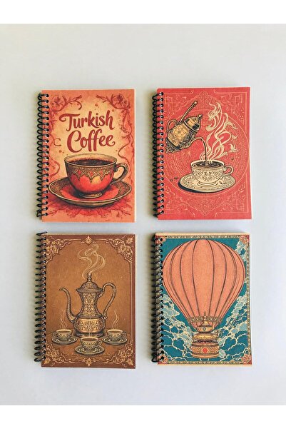 Pridas Türk Kahvesi Temalı Vintage Çizgisiz 4lü A6 Kraft Defter Seti