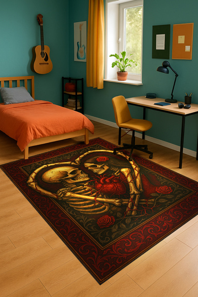 Rugs Modern Halı MOSSO Kırmızı Tema Kurukafa Aşıklar Desenli Dokuma Taban Mod...