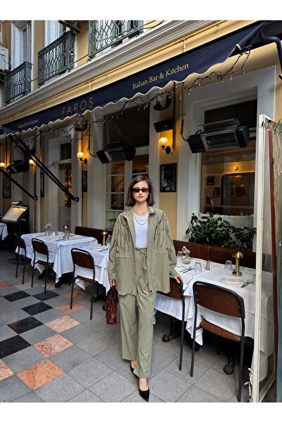 MİA NOURA KADIN ÖNÜ KOLLARI BONCUK NAKIŞ İŞLEMELİ TANSEL KUMAŞ BAMBIR CEKEN PANTOLON TAKIM