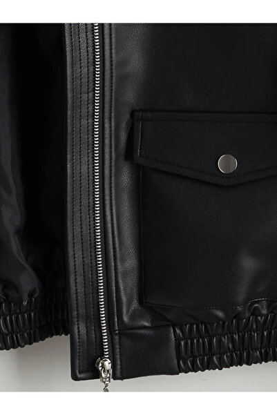 LC Waikiki Lcw Kids Black Fur Collar Leather Look Girls' Coat