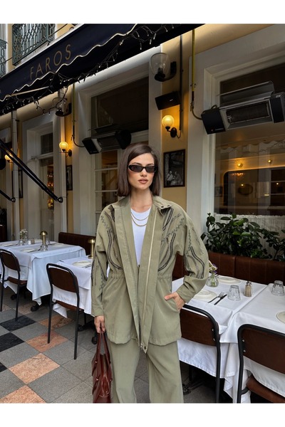 MİA NOURA KADIN ÖNÜ KOLLARI BONCUK NAKIŞ İŞLEMELİ TANSEL KUMAŞ BAMBIR CEKEN PANTOLON TAKIM