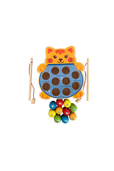OEM Joc de pescuit magnetic Montessori din lemn – Pisica cu 10 pestisori multicolori si 2 undite