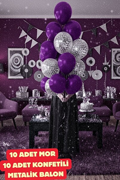 Baloncu Nene Mor ve Gümüş Konfetili 20 Adet Balon Mor Balon Parti Doğum Günü ...