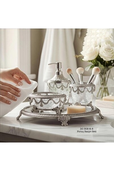 Hinora طقم حمام نحاسي مع صينية مرآة ذات تصميم كريستالي أنيق، 4 قطع